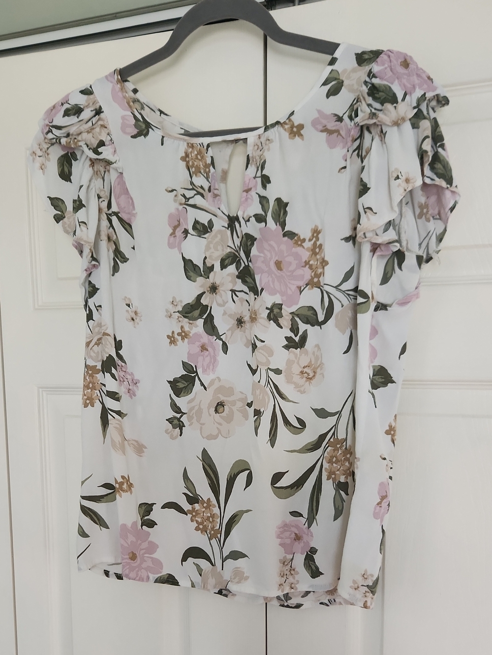 SO White Floral Puff Sleeve Blouse with Pink & Green